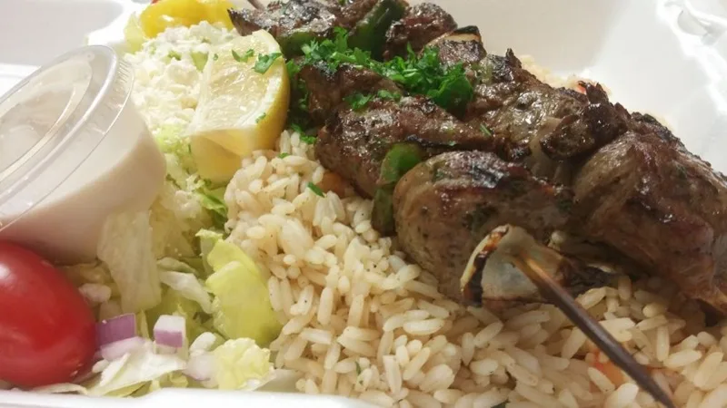 Grilled lamb skewers with rice and Greek salad